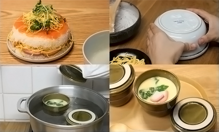 茶碗蒸しや押し寿司などさまざまな調理も可能。蓋と容器のセットで汁物も冷めない！